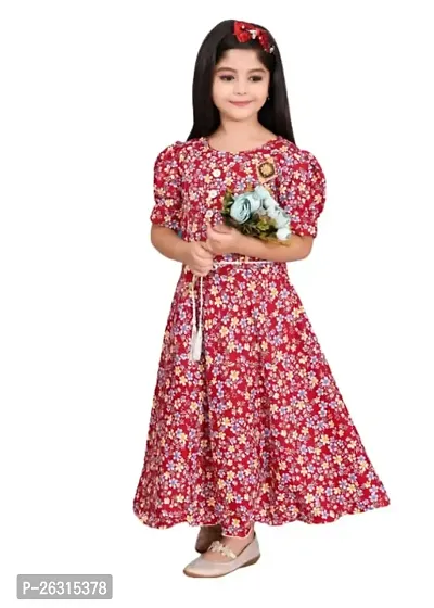 Modina Enterprises Girls Kids Cotton Blend Round Neck Graphic Printed Half Sleeves Midi/Knee Length Gown Dress with Elegant Design-thumb0