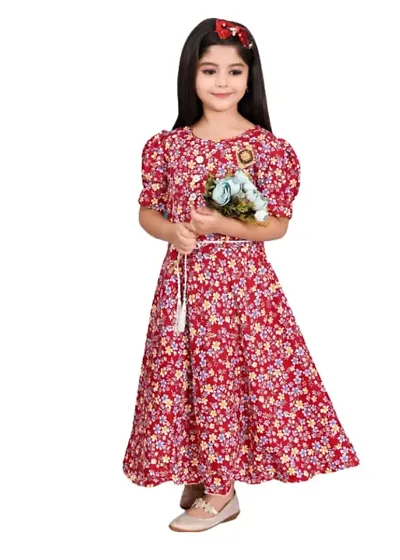 Modina Enterprises Girls Kids Cotton Blend Round Neck Graphic Printed Half Sleeves Midi/Knee Length Gown Dress with Elegant Design