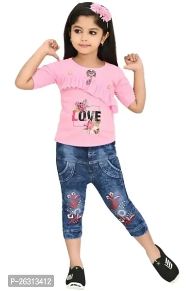 Modina Enterprises Girls Kids Crepe Regular Fit Solid 3/4 Sleeve Printed Casual Top Jeans Set with Elegant Design-thumb0