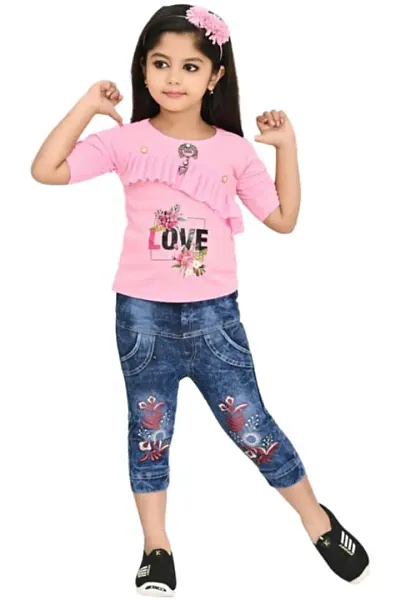 Modina Enterprises Girls Kids Crepe Regular Fit Solid 3/4 Sleeve Printed Casual Top Jeans Set with Elegant Design
