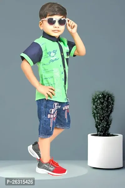 Modina Enterprises Boys Kids CottonRegular Fit Solid Printed Casual Wear Half Sleeves Shirt  Jeans Set with Elegant Design-thumb3