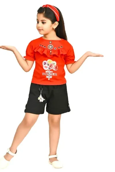 Modina Enterprises Girls Kids Crepe Regular Fit Solid Short Sleeves Printed Casual Top & Pant Set with Elegant Design