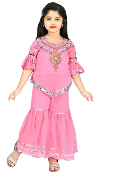 Modina Enterprises Girls Kids Georgette Regular Fit Embellished Half Sleeves Round Neck Kurta and Pallazo Set with Elegant Design