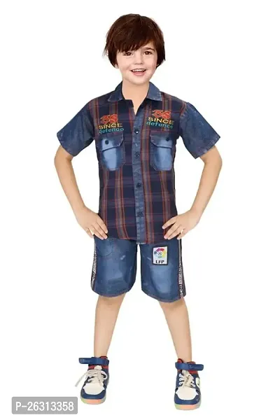 Modina Enterprises Boys Kids Denim Regular Fit Solid Striped Half Sleeves Tshirt  Pant Set with Elegant Design-thumb0