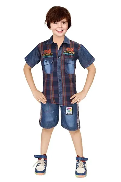Modina Enterprises Boys Kids Denim Regular Fit Solid Striped Half Sleeves Tshirt & Pant Set with Elegant Design