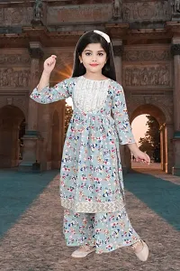 Modina Enterprises Girls Kids Cotton Blend Regular Fit Solid 3/4 Sleeve Printed Casual Kurta  Plazzo Set with Elegant Design-thumb3