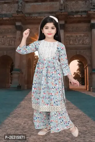 Modina Enterprises Girls Kids Cotton Blend Regular Fit Solid 3/4 Sleeve Printed Casual Kurta  Plazzo Set with Elegant Design-thumb4