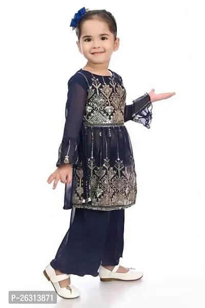 Modina Enterprises Girls Kids Georgette Regular Fit Embellished Full Sleeves Round Neck Kurta and Pallazo Set with Elegant Design-thumb3