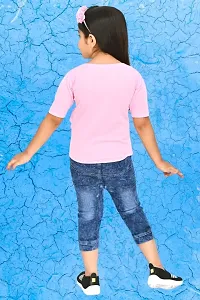 Modina Enterprises Girls Kids Crepe Regular Fit Solid 3/4 Sleeve Printed Casual Top Jeans Set with Elegant Design-thumb1
