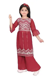 Modina Enterprises Girls Kids Georgette Regular Fit Embroidered 3/4 Sleeve Round Neck Ethnic Kurta  Plazzo Set with Elegant Design-thumb3