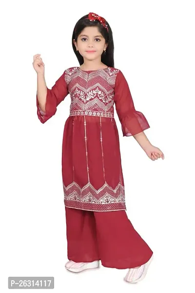 Modina Enterprises Girls Kids Georgette Regular Fit Embroidered 3/4 Sleeve Round Neck Ethnic Kurta  Plazzo Set with Elegant Design-thumb4