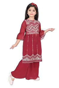 Modina Enterprises Girls Kids Georgette Regular Fit Embroidered 3/4 Sleeve Round Neck Ethnic Kurta  Plazzo Set with Elegant Design-thumb2