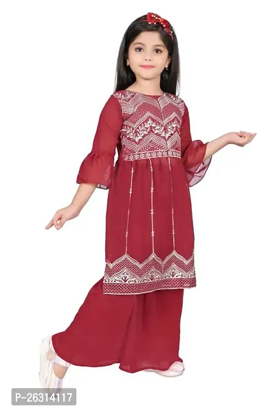 Modina Enterprises Girls Kids Georgette Regular Fit Embroidered 3/4 Sleeve Round Neck Ethnic Kurta  Plazzo Set with Elegant Design-thumb3