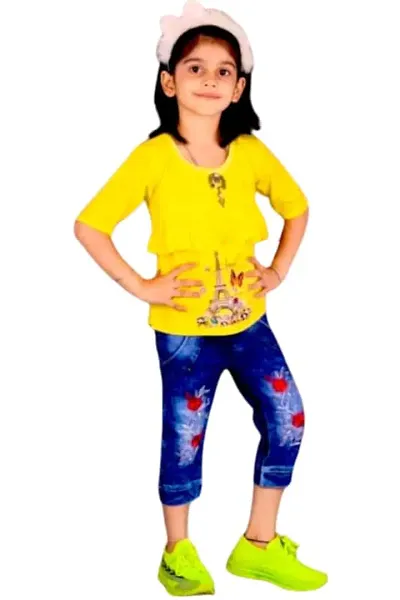 Modina Enterprises Girls Kids Crepe Regular Fit Solid 3/4 Sleeve Printed Top Jeans Set with Elegant Design