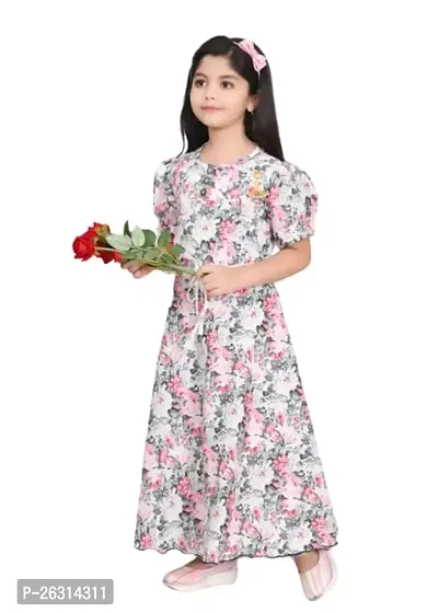 Modina Enterprises Girls Kids Art Silk Round Neck Flared/A-line Half Sleeves Midi/Knee Length Stritched Gown Dress with Elegant Design-thumb0