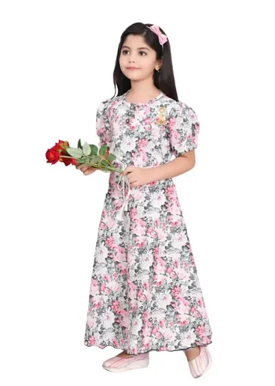 Modina Enterprises Girls Kids Art Silk Round Neck Flared/A-line Half Sleeves Midi/Knee Length Stritched Gown Dress with Elegant Design