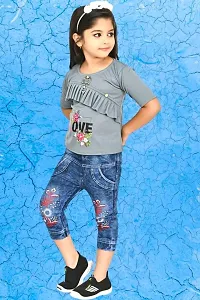 Modina Enterprises Girls Kids Crepe Regular Fit Solid 3/4 Sleeve Printed Casual Top Jeans Set with Elegant Design-thumb2