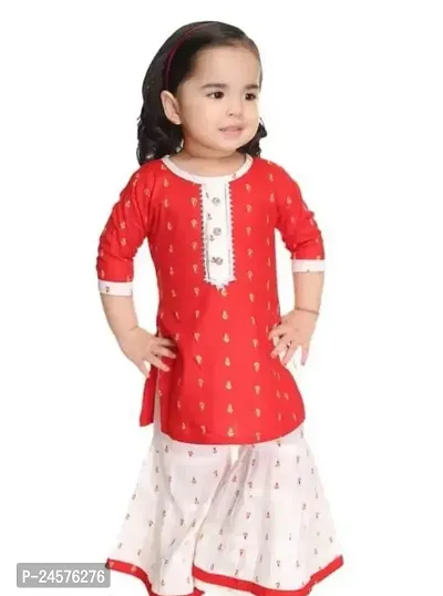 Fabulous Red Cotton Self Pattern Top With Bottom For Girls-thumb0