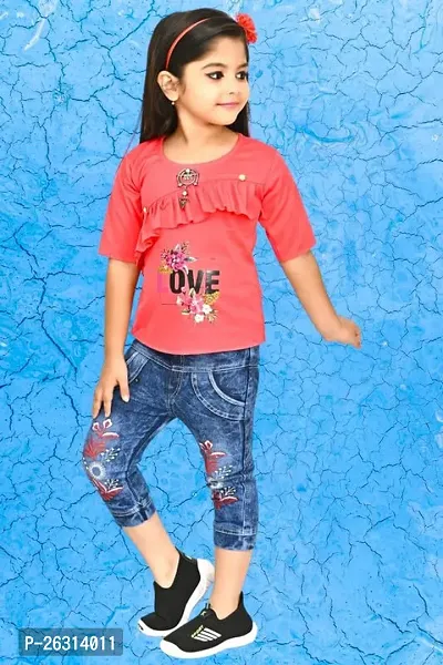 Modina Enterprises Girls Kids Crepe Regular Fit Solid 3/4 Sleeve Printed Casual Top Jeans Set with Elegant Design-thumb4