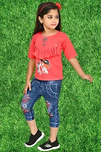 Modina Enterprises Girls Kids Crepe Regular Fit Solid 3/4 Sleeve Printed Casual Top  Jeans Set with Elegant Design-thumb3