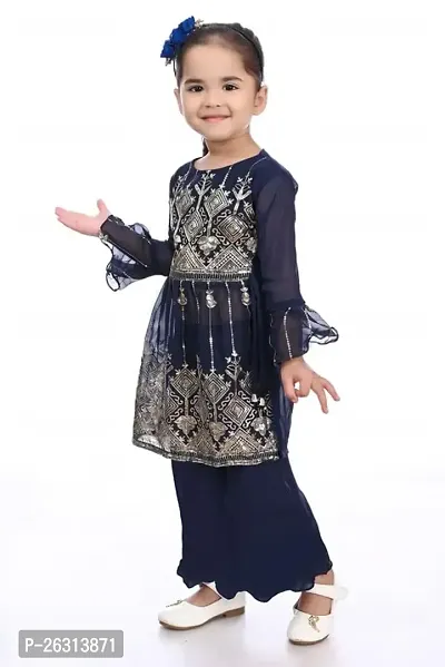 Modina Enterprises Girls Kids Georgette Regular Fit Embellished Full Sleeves Round Neck Kurta and Pallazo Set with Elegant Design-thumb4