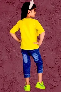 Modina Enterprises Girls Kids Crepe Regular Fit Solid 3/4 Sleeve Printed Top Jeans Set with Elegant Design-thumb1