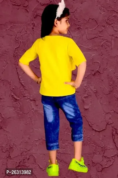 Modina Enterprises Girls Kids Crepe Regular Fit Solid 3/4 Sleeve Printed Top Jeans Set with Elegant Design-thumb2