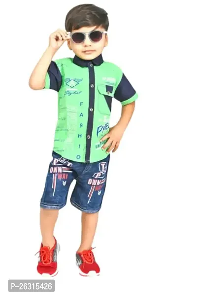 Modina Enterprises Boys Kids CottonRegular Fit Solid Printed Casual Wear Half Sleeves Shirt  Jeans Set with Elegant Design-thumb0