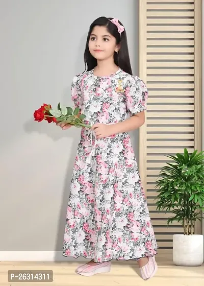 Modina Enterprises Girls Kids Art Silk Round Neck Flared/A-line Half Sleeves Midi/Knee Length Stritched Gown Dress with Elegant Design-thumb2