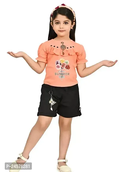 Fabulous Peach Cotton Self Pattern Top With Bottom For Girls-thumb0