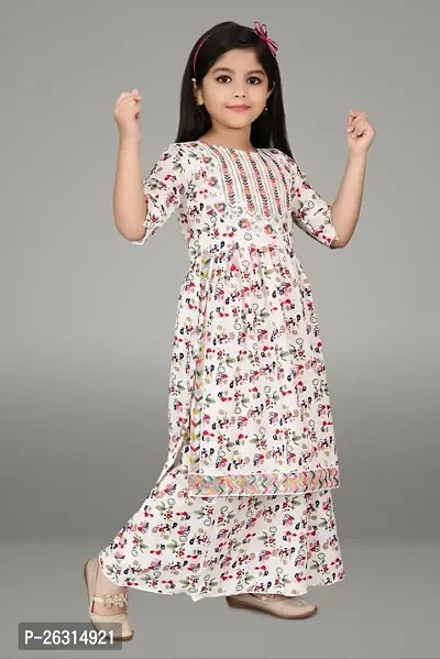 Modina Enterprises Girls Kids Cotton Blend Regular Fit Solid 3/4 Sleeve Printed Casual Kurta  Plazzo Set with Elegant Design-thumb3