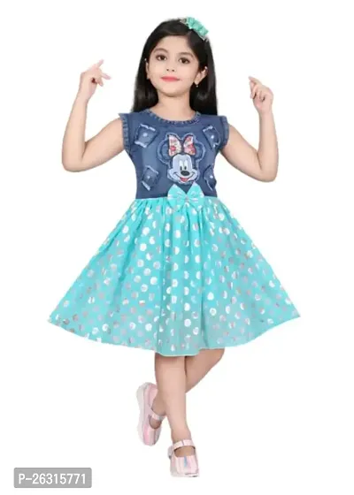 Modina Enterprises Girls Kids Denim Round Neck Short Sleeves Midi/Knee Length Frock Dress with Elegant Design-thumb0