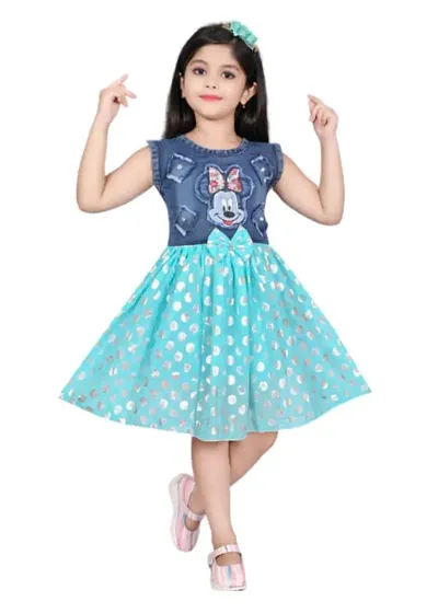 Modina Enterprises Girls Kids Denim Round Neck Short Sleeves Midi/Knee Length Frock Dress with Elegant Design