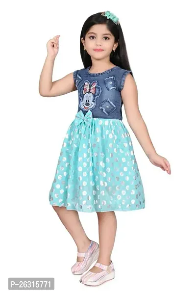 Modina Enterprises Girls Kids Denim Round Neck Short Sleeves Midi/Knee Length Frock Dress with Elegant Design-thumb4