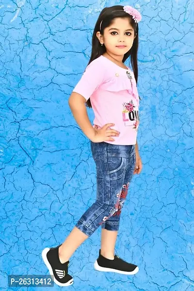 Modina Enterprises Girls Kids Crepe Regular Fit Solid 3/4 Sleeve Printed Casual Top Jeans Set with Elegant Design-thumb3