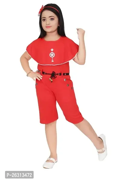 Modina Enterprises Girls Kids Crepe Round Neck Sleeveless Midi/Knee Length Regular Jumpsuit Dress With Elegant Design-thumb0