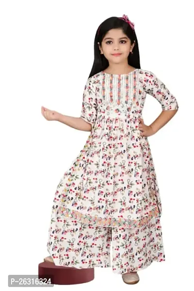 Modina Enterprises Girls Kids Cotton Blend Regular Fit Solid 3/4 Sleeve Printed Casual Kurta  Plazzo Set with Elegant Design (MERRY_SHARARA_WHITE_9-10YEAR)