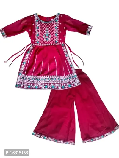 Modina Enterprises Girls Kids Georgette Regular Fit Embellished 3/4 Sleeve Round Neck Printed Ethnic Wear Kurta  Plazzo Set