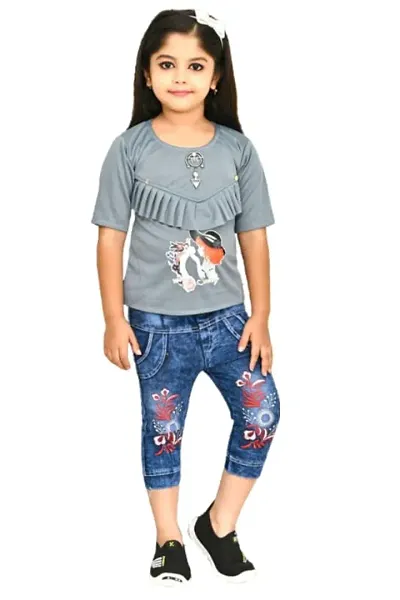 Modina Enterprises Girls Kids Crepe Regular Fit Solid 3/4 Sleeve Casual Top Jeans Set with Elegant Design