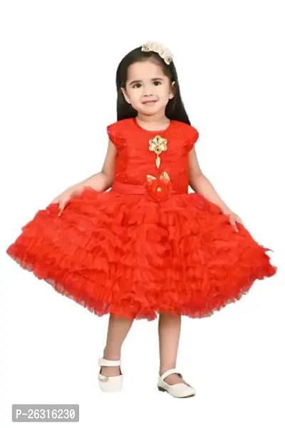 Modina Enterprises Girls Kids Net Round Neck Sleeveless Midi/Knee Length Frock Dress with Elegant Design