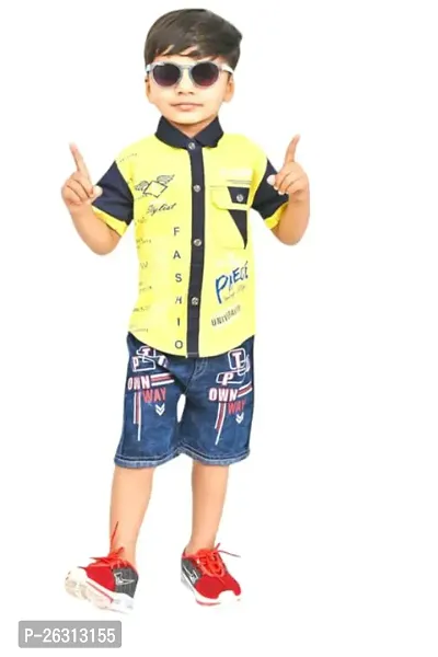 Modina Enterprises Boys Kids CottonRegular Fit Solid Printed Casual Wear Half Sleeves Shirt  Jeans Set with Elegant Design-thumb0