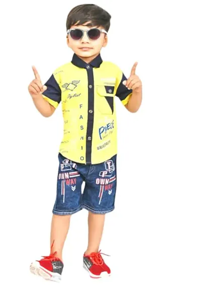 Modina Enterprises Boys Kids CottonRegular Fit Solid Printed Casual Wear Half Sleeves Shirt & Jeans Set with Elegant Design