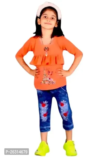 Modina Enterprises Girls Kids Crepe Regular Fit Solid 3/4 Sleeve Printed Top Jeans Set with Elegant Design-thumb0
