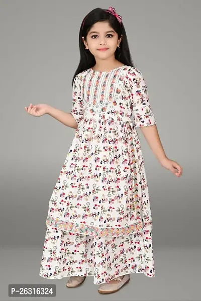 Modina Enterprises Girls Kids Cotton Blend Regular Fit Solid 3/4 Sleeve Printed Casual Kurta  Plazzo Set with Elegant Design (MERRY_SHARARA_WHITE_9-10YEAR)-thumb4