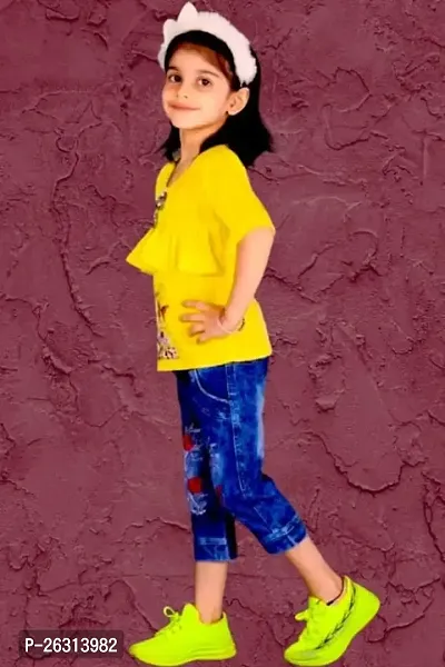 Modina Enterprises Girls Kids Crepe Regular Fit Solid 3/4 Sleeve Printed Top Jeans Set with Elegant Design-thumb3