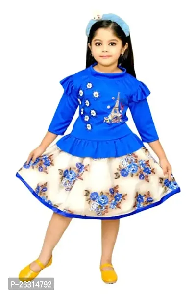 Modina Enterprises Girls Kids Satin Blend Round Neck 3/4 Sleeve Midi/Knee Length Top  Skirt Two Piece Dress with Elegant Design-thumb0