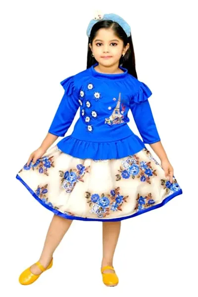Modina Enterprises Girls Kids Satin Blend Round Neck 3/4 Sleeve Midi/Knee Length Top & Skirt Two Piece Dress with Elegant Design