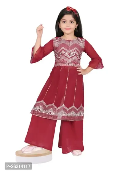 Modina Enterprises Girls Kids Georgette Regular Fit Embroidered 3/4 Sleeve Round Neck Ethnic Kurta  Plazzo Set with Elegant Design-thumb0