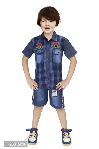 Modina Enterprises Boys Kids Denim Regular Fit Solid Striped Half Sleeves Tshirt  Pant Set with Elegant Design