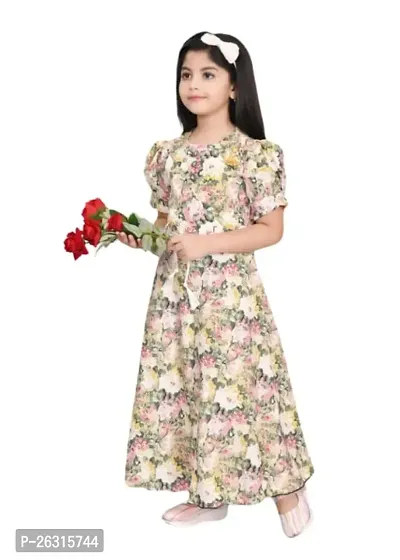 Modina Enterprises Girls Kids Art Silk Round Neck Flared/A-line Half Sleeves Midi/Knee Length Stritched Gown Dress with Elegant Design